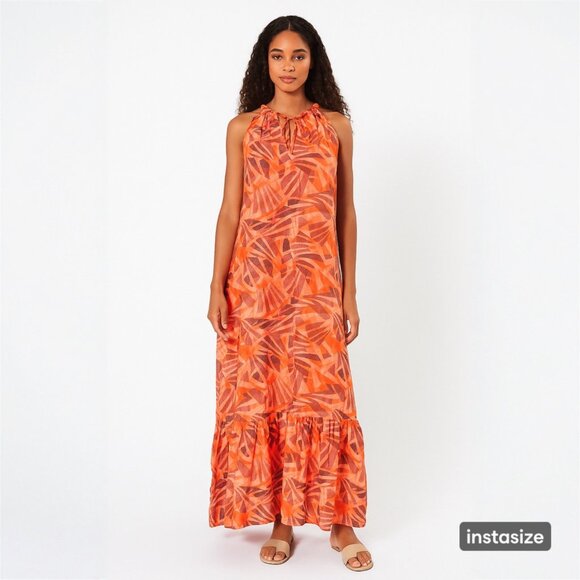 Nine West Orange Geo Print Halter Sleeveless Maxi Dress Large - Picture 1 of 13